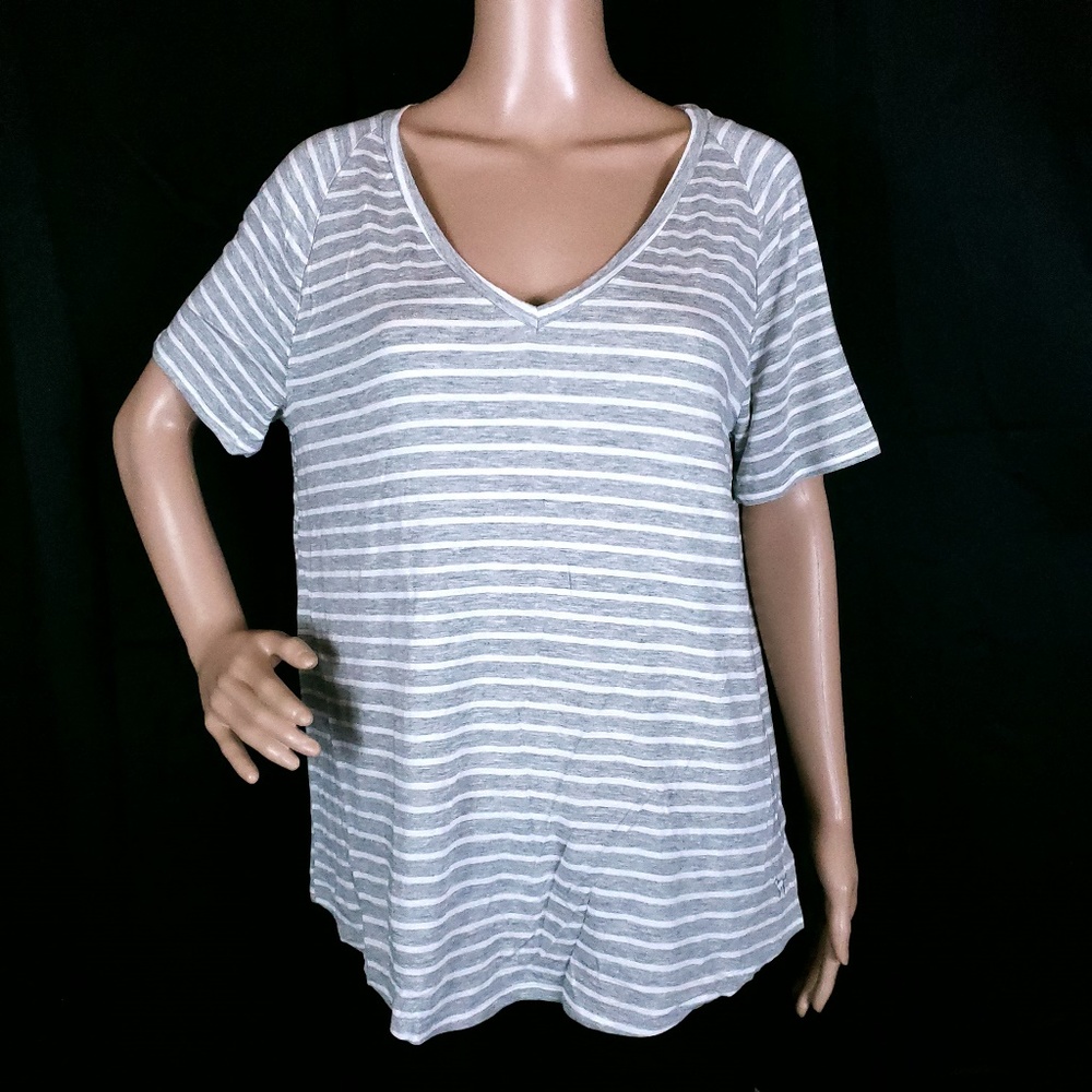 PINK Victoria's Secret Women Tee Top Striped V-Neck Gray White Size S - NWT